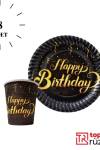 Happy Birthday Siyah Gold Tabak Bardak 8 li