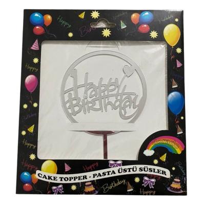 Happy Birthday Yuvarlak Gümüş Pleksi Pasta Süsü