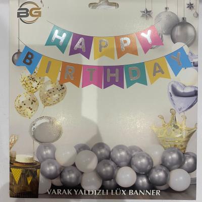 Rengarenk Gümüş Happy Birthday  Banner